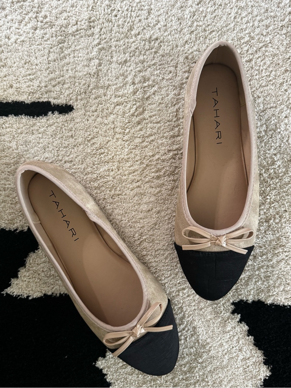 Tahari Beige and Black Cap-Toe Geneva Ballet Flats